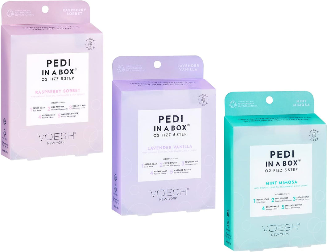 VOESH Pedi in a Box O2 Fizz 5 Step - Trio, Menthe Mimosa, Lavande Vanille, Sorbet Framboise