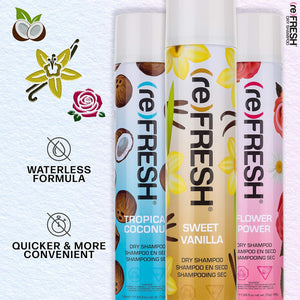 (re) FRESH - DRY Shampoo Set for Absorbing Hair Oil (Vanilla, Coconut, Flower Power -11.55oz, 3pk)