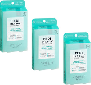 VOESH Pedi in a Box Deluxe 4-Step - Eucalyptus Energy Boost Scent, 3 Pack