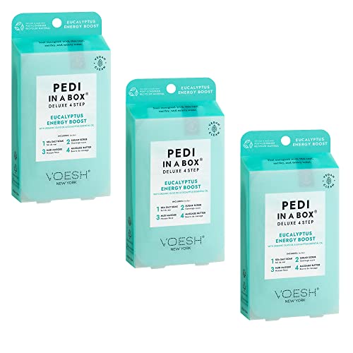 VOESH Pedi in a Box Deluxe 4-Step - Eucalyptus Energy Boost Scent, 3 Pack