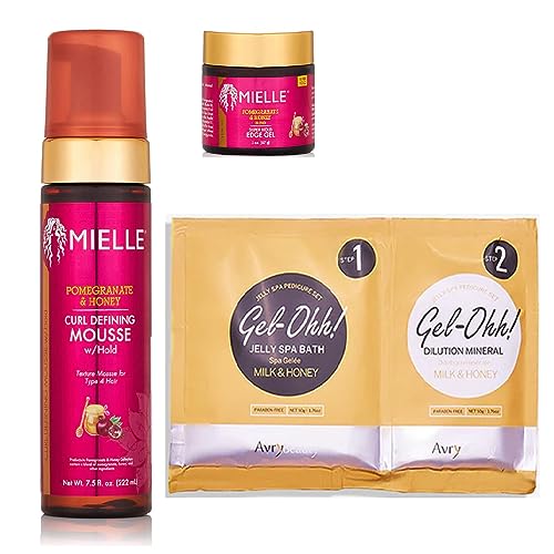 Mielle Pomegranate Honey Styling set: Curl Defining Mousse and Edge Gel with Bonus AvryBeauty Gel-Ohh Jelly Spa Foot Soak Milk & Honey