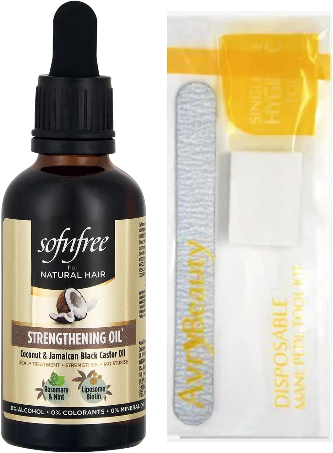 Sofnfree Oil - Coconut & Jamaican Black Castor Oil infused with Rosemary & Mint and Biotin with Bonus AvryBeauty Mani/Pedi tool set.