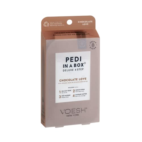 VOESH Pedi in a Box 4 Step- Chocolate Scent, Cocoa, 4 Step Pedi, At Home Pedicure Treatment, Pedicure Kit, Foot Soak, Foot Scrub, Foot Mask, Vegan Beauty, Foot Treatment, Foot Spa, Luxury Pedicure, Perfect Pedicure Prep