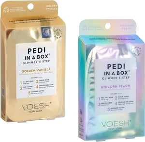 VOESH Pedi in a Box Glimmer - Duo assorti, lot de 2, parfum vanille dorée et parfum pêche licorne
