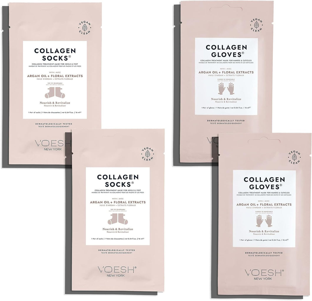 Gants et chaussettes en collagène Voesh - Huile d'argan - Lot de 4, 2 gants et 2 chaussettes