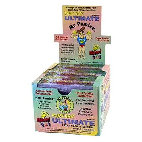 Mr. Pumice Ultimate Pumi Bar (boîte de 12) : Pierre à pédicure 2 en 1 pour éliminer les callosités et lime à pieds pour des pieds et des talons lisses, double grain (moyen + grossier)