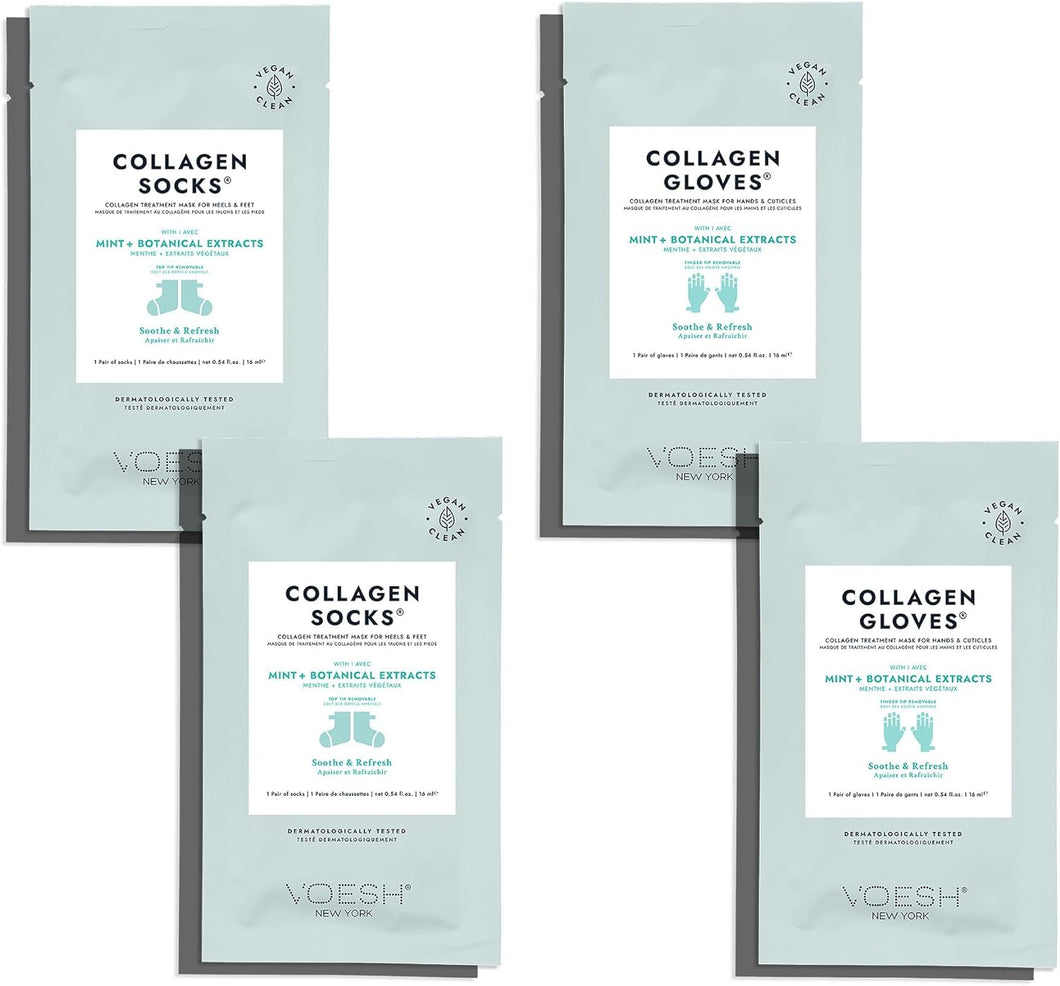 Voesh Collagen Gloves and Socks - Peppermint Oil - 4 Pack, 2 Pack of Gloves and 2 Pack of Socks